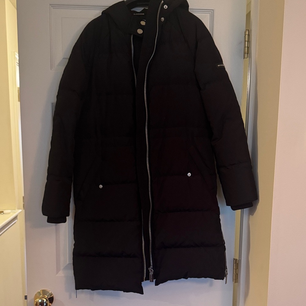 Michael Kors Black Long Quilted Puffer Coat with Hood
